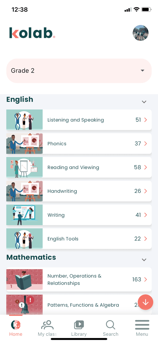 kolab. app screenshot showing Grade R English modules